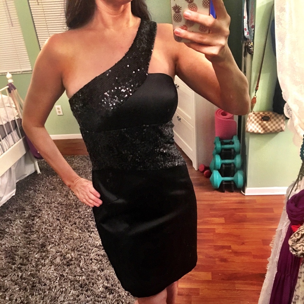 One Shouldered Black Sequined Dress